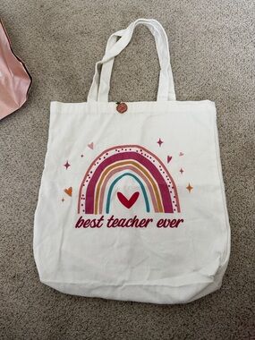 Best Teacher Ever Canvas Tote Bag - White with Multicolor Rainbow